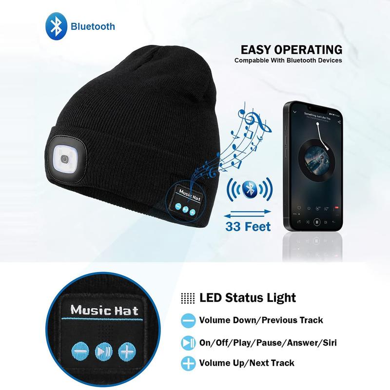 Bluetooth Hat, Beanie Hat with Light, Unisex USB Rechargeable Headlamp Winter Knitted Cap Gifts for Men Dad Husband Him, Black