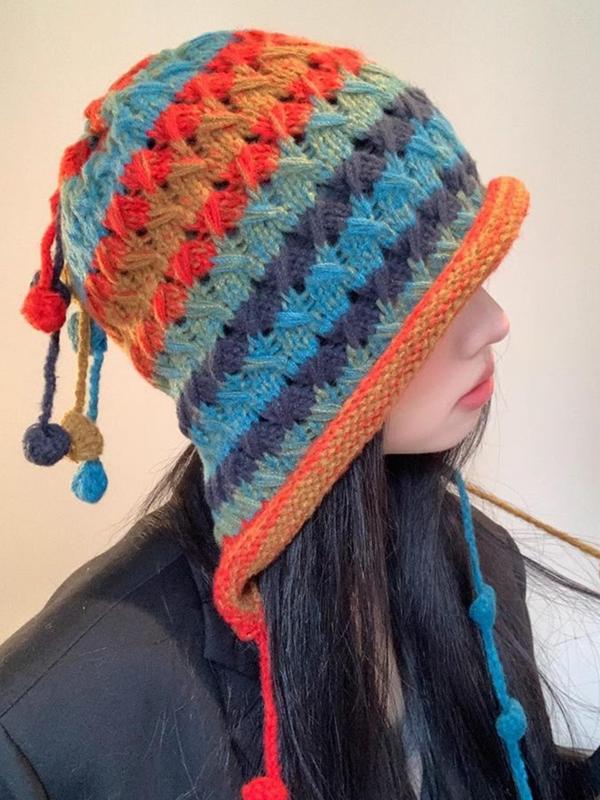 Random Color Women's Colorblock Striped Pattern Beanie Hat, Casual Warm Knitted Hat with Pom Pom Decor for Fall & Winter, Fashion Accessories for Women & Girls