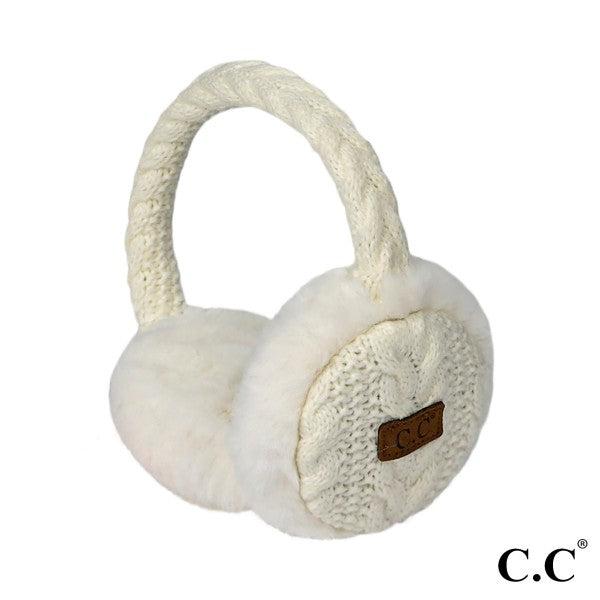 Cable Knit Earmuffs With Faux Fur Trim - 793842