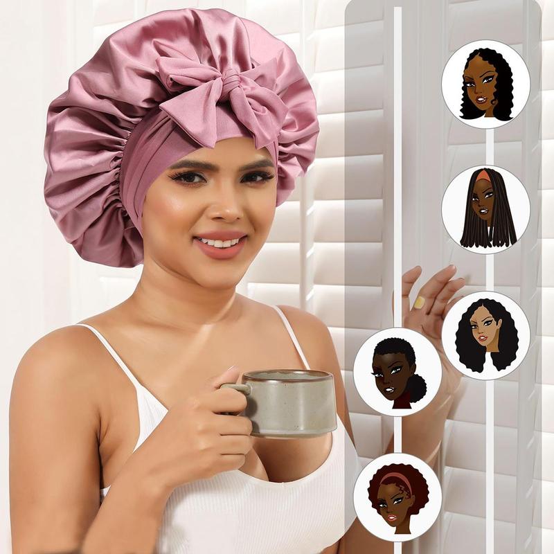 AWAYTR Reversible Satin Bonnet for Sleeping Women Double Layer Hair Bonnet with 2PCS Hair Scrunchies Elastic Tie Band Night Cap