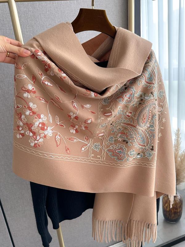 Floral Embroidery Tassel Decor Shawl, Boho Style Scarf for Women, Fashion Accessories for Fall & Winter