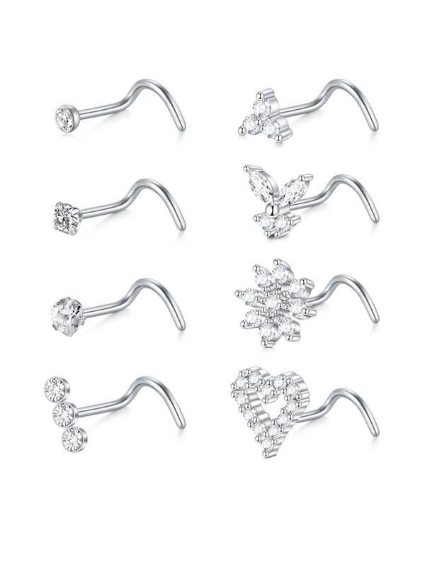 Rhinestone Decorated Nose Studs, Flower & Heart & Hollow Out Design Nose Ring for Women & Men, Fashion Jewelry for Party, Daily Clothing Decor, Trendy All-match & Exquisite Jewelry for Birthday Gift