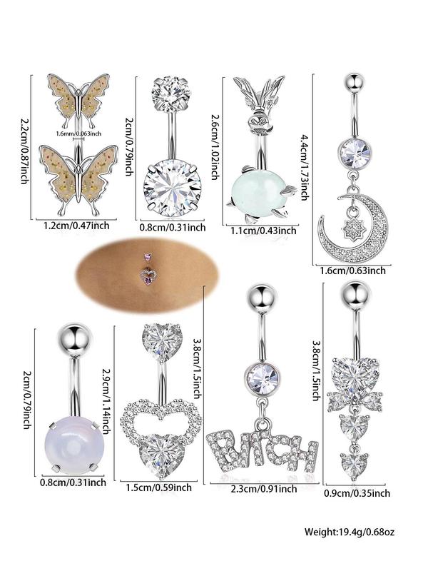 Summer 2024 Fashion Letter & Butterfly & Heart & Moon & Rhinestones Decor Belly Button Rings for Women Back To School, Casual Belly Piercing Body Jewelry, Daily Decor for Girl, Fall Outfits, Fall Freshness