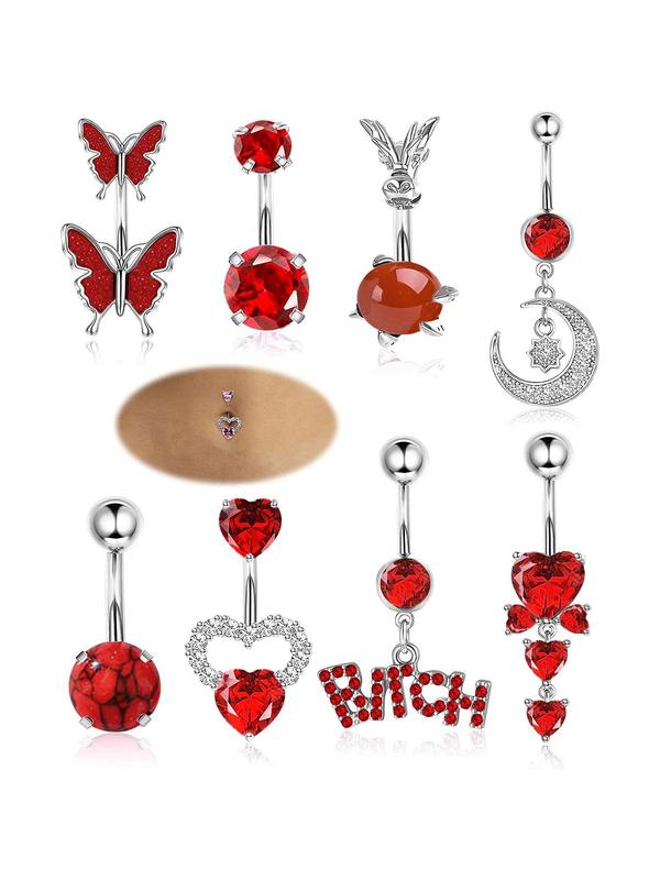 Summer 2024 Fashion Letter & Butterfly & Heart & Moon & Rhinestones Decor Belly Button Rings for Women Back To School, Casual Belly Piercing Body Jewelry, Daily Decor for Girl, Fall Outfits, Fall Freshness