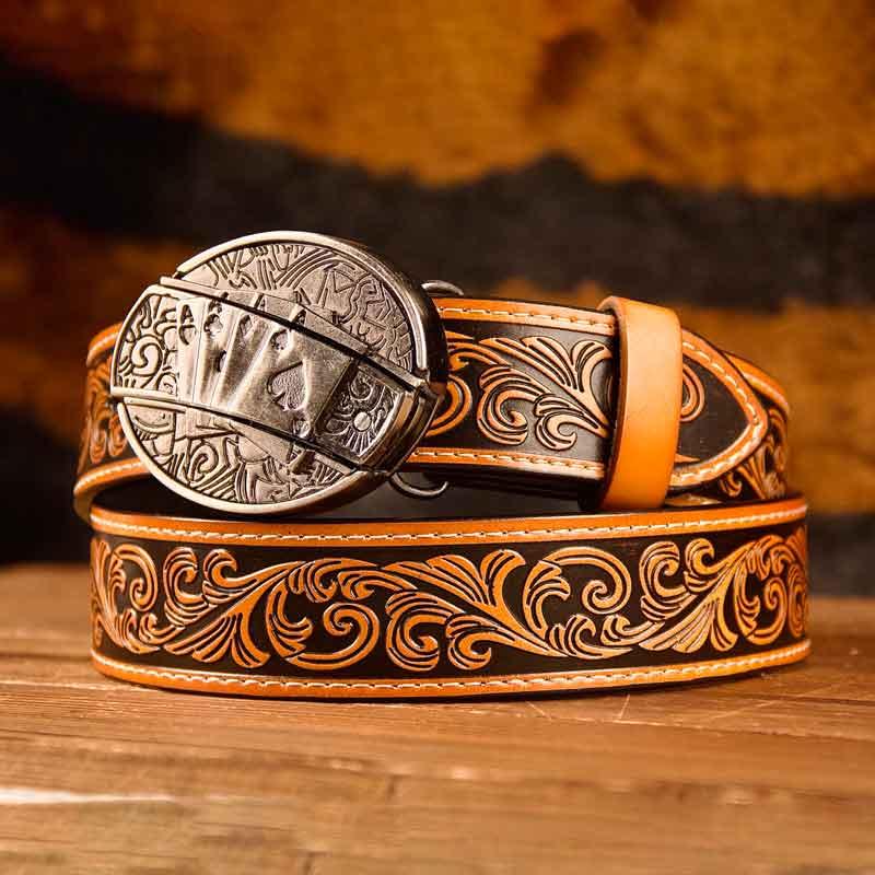 Brown Western Leather Printed Belt and Oval removable western cowboy Buckle Costume Decoration