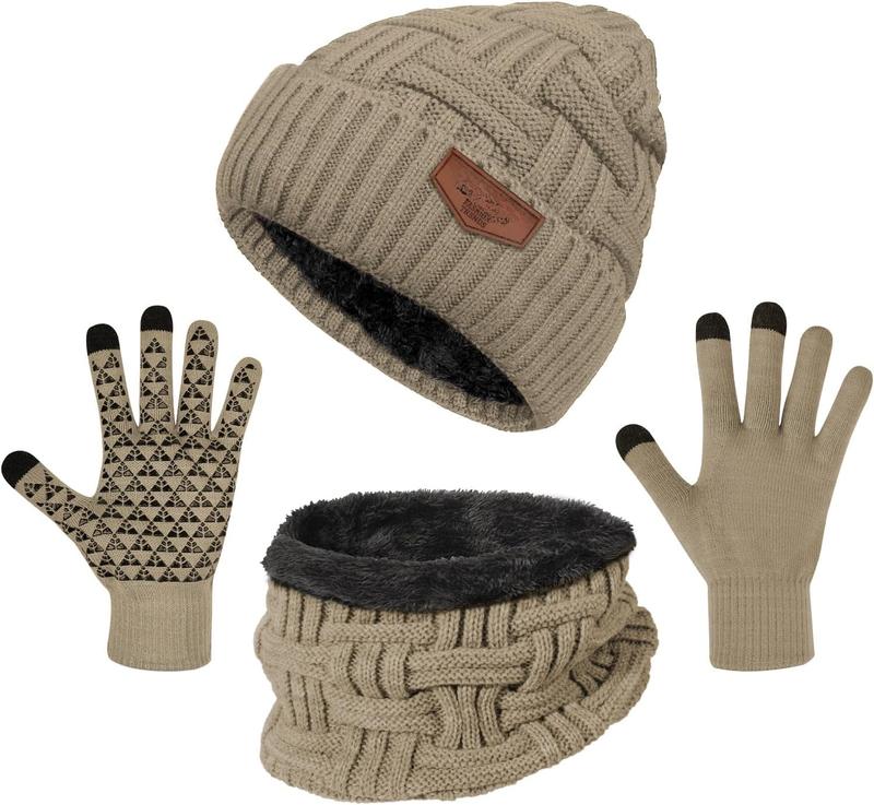 3- Winter Beanie Hat Scarf and Touch Screen Gloves Set Warm Knit Skull Cap for Men Women