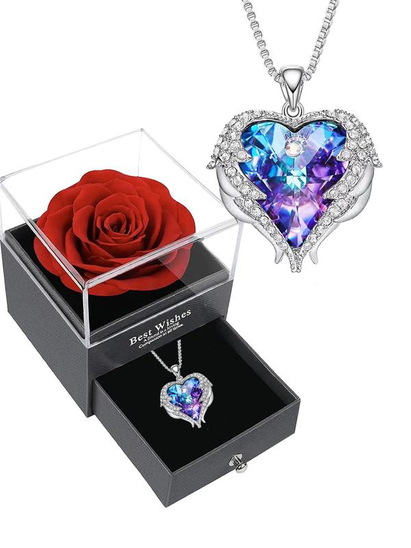 Summer Elegant Rhinestones Heart Necklace, Summer Jewelry, Fashionable Romantic Gorgeous Jewelry for Women, Classic Fashion Accessories for Daily Wear with Flower Decor Box