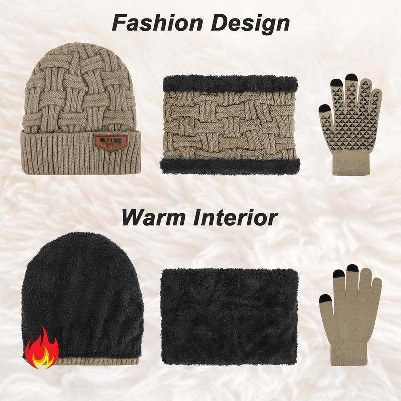 3- Winter Beanie Hat Scarf and Touch Screen Gloves Set Warm Knit Skull Cap for Men Women