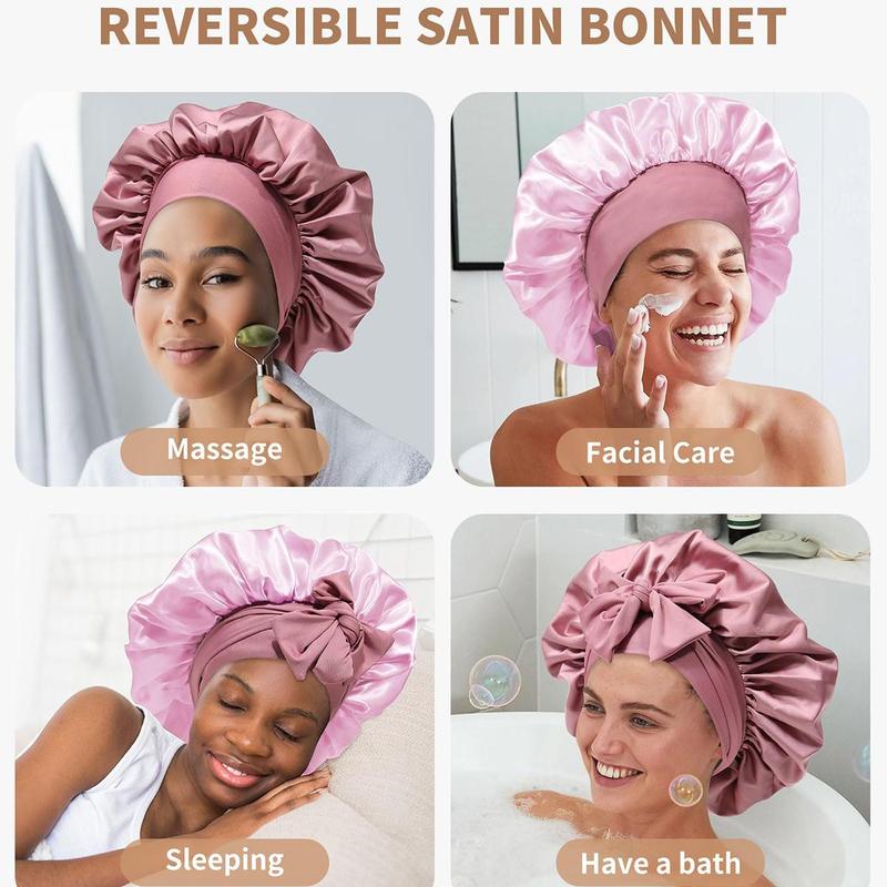 AWAYTR Reversible Satin Bonnet for Sleeping Women Double Layer Hair Bonnet with 2PCS Hair Scrunchies Elastic Tie Band Night Cap