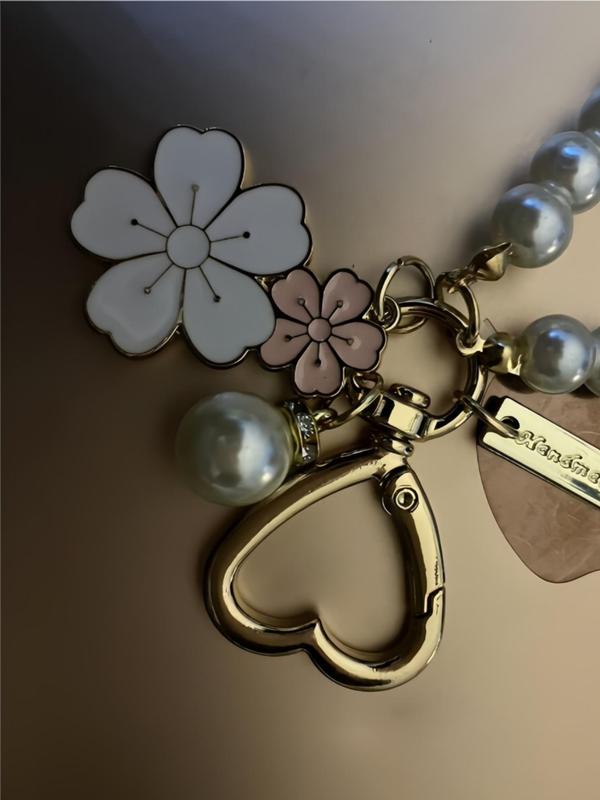 Cute Flower & Faux Pearl Decor Keychain, Fashionable Heart Design Keychain for Women & Girls, Trendy All-match Keychain for Birthday Gift