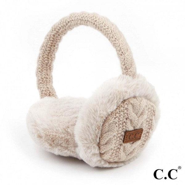 Cable Knit Earmuffs With Faux Fur Trim - 793842