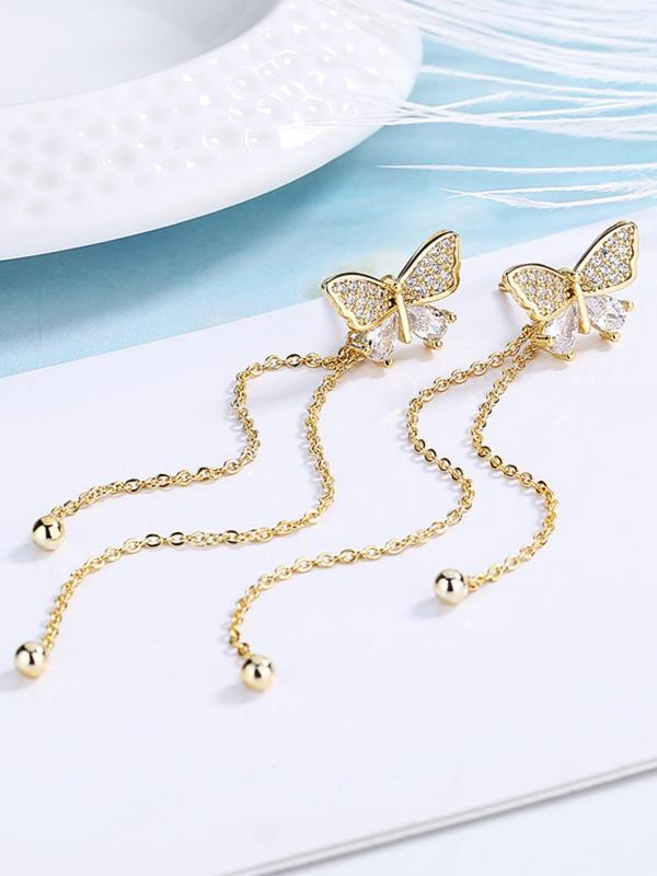 1 Pair Fashion Elegant Rhinestone Decorated Butterfly Design Tassel Dangle Earrings, Casual Jewelry for Party, Daily Clothing Decor