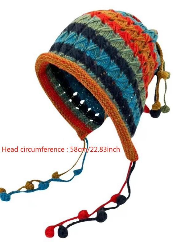 Random Color Women's Colorblock Striped Pattern Beanie Hat, Casual Warm Knitted Hat with Pom Pom Decor for Fall & Winter, Fashion Accessories for Women & Girls