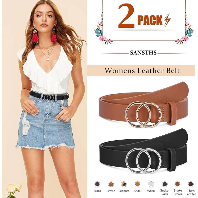 2 count Women Leather Belts Faux Leather Jeans Belt with Double O Ring Buckle