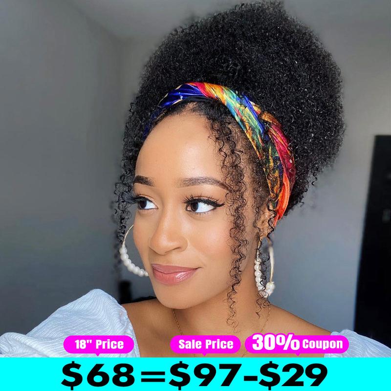 OQHAIR Afro Kinky Curly Headband Wig Human Hair Scarf Wig No Gel No Glue Full Machine Made Wig with Headband 180% Density