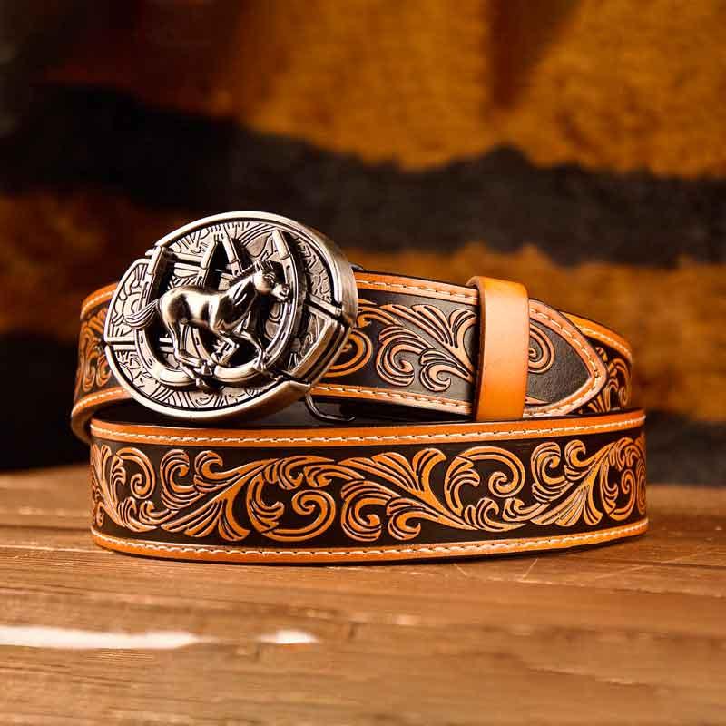 Brown Western Leather Printed Belt and Oval removable western cowboy Buckle Costume Decoration