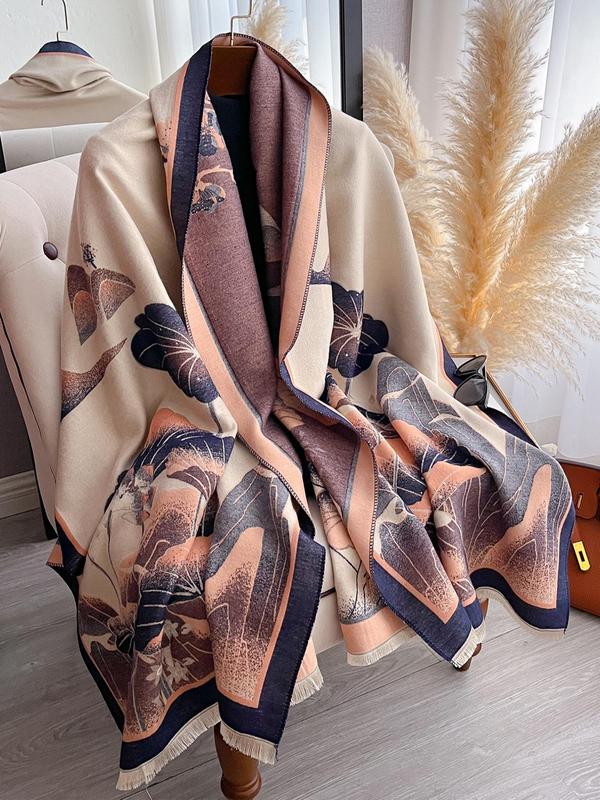 Women's Lotus Flowers & Leaves Pattern Thick Double-sided Shawl, Casual Soft Warm Scarf for Fall & Winter, Fashion Accessories for Women & Girls