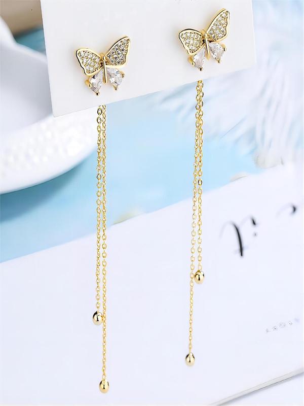 1 Pair Fashion Elegant Rhinestone Decorated Butterfly Design Tassel Dangle Earrings, Casual Jewelry for Party, Daily Clothing Decor