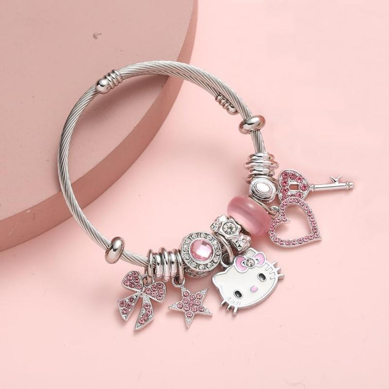 Kawaii Pink Bangle Bracelets with Jewelry Box, Adjustable Stainless Steel Bangle Bracelets Anime Cartoon Bracelet Gifts for Women Girls