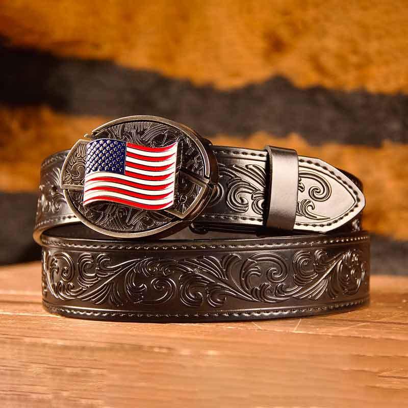 Western Black Leather Printed Belt and Oval removable western cowboy Buckle Costume Decoration