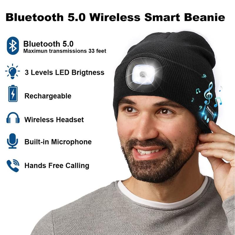 Bluetooth Hat, Beanie Hat with Light, Unisex USB Rechargeable Headlamp Winter Knitted Cap Gifts for Men Dad Husband Him, Black