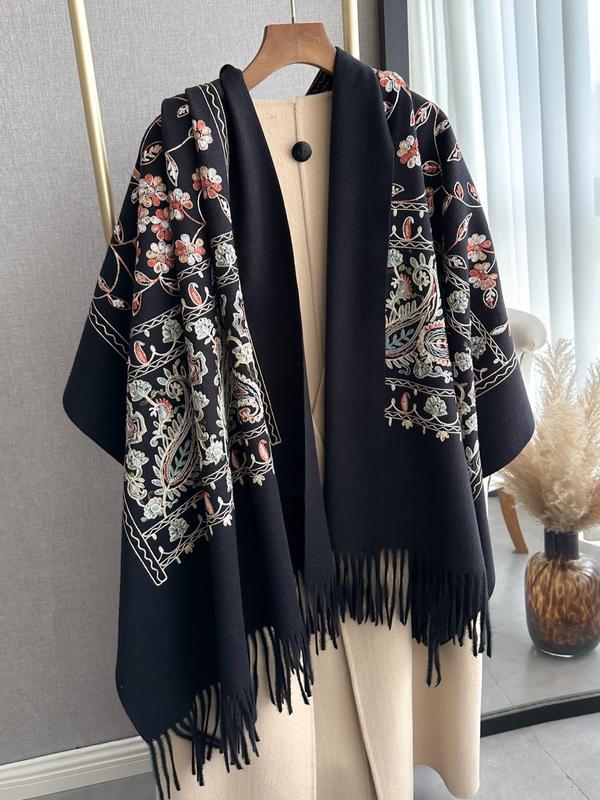 Floral Embroidery Tassel Decor Shawl, Boho Style Scarf for Women, Fashion Accessories for Fall & Winter