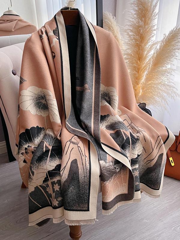 Women's Lotus Flowers & Leaves Pattern Thick Double-sided Shawl, Casual Soft Warm Scarf for Fall & Winter, Fashion Accessories for Women & Girls