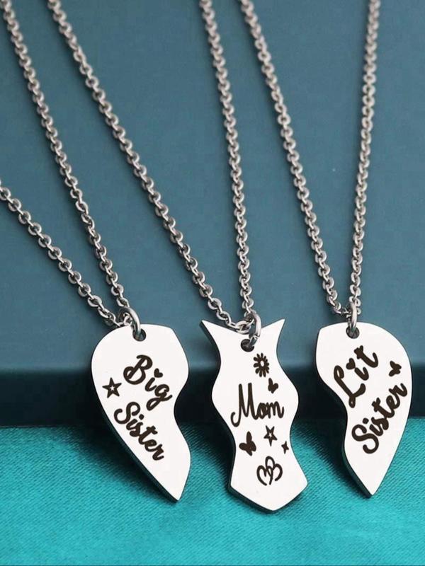 Mom & Daughter Necklace, 3 Counts Letter Pattern Heart Shaped Matching Necklace, Stainless Steel Jewelry for Party, Daily Decor, Trendy All-match & Exquisite Jewelry for Birthday Gift