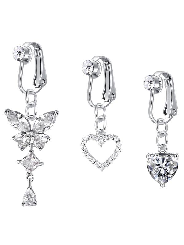 Women's Cute Rhinestone Decor Fake Belly Rings, 3pcs set Butterfly & Heart Design Belly Jewelry without Piercing, Fashionable Body Jewelry for Women & Girls As Birthday Gift