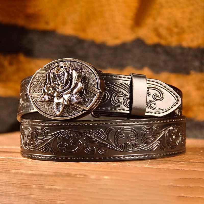 Western Black Leather Printed Belt and Oval removable western cowboy Buckle Costume Decoration