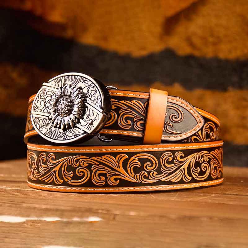 Brown Western Leather Printed Belt and Oval removable western cowboy Buckle Costume Decoration