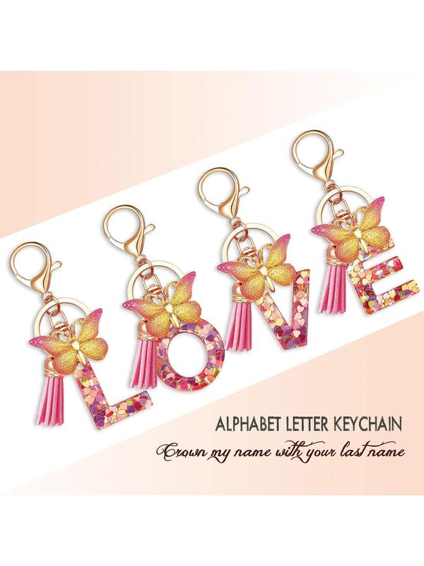 Initials Letter Design Keychain, Cute Butterfly & Tassel Decor Keychain for Women & Girls, Fashion Accessories for Bag & Car Key Decoration