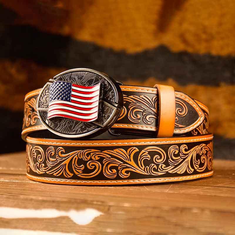 Brown Western Leather Printed Belt and Oval removable western cowboy Buckle Costume Decoration