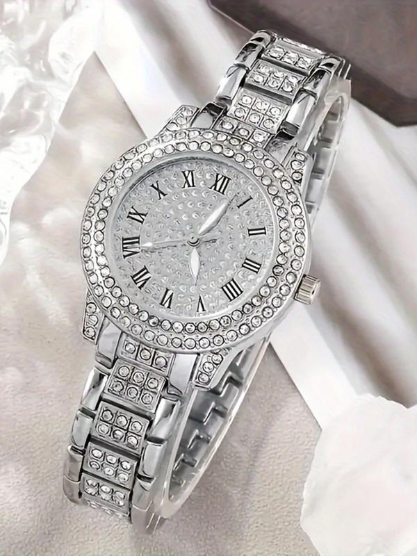 Women's Elegant Rhinestone Decor Quartz Watch & Jewelry Set, Including Round Dial Analog Watch & Bracelet & Necklace & Ring & Earrings, Fashion Watch Set As Gift, without Box