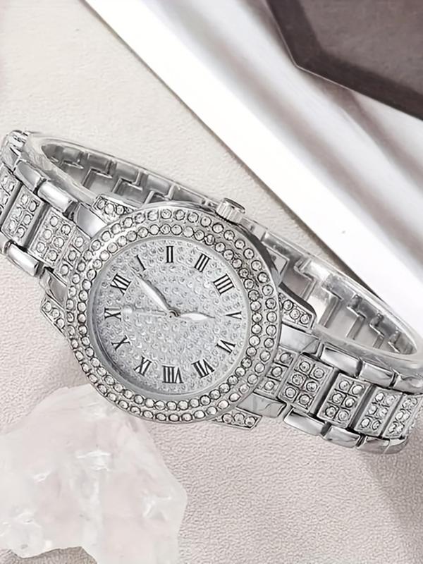 Women's Elegant Rhinestone Decor Quartz Watch & Jewelry Set, Including Round Dial Analog Watch & Bracelet & Necklace & Ring & Earrings, Fashion Watch Set As Gift, without Box