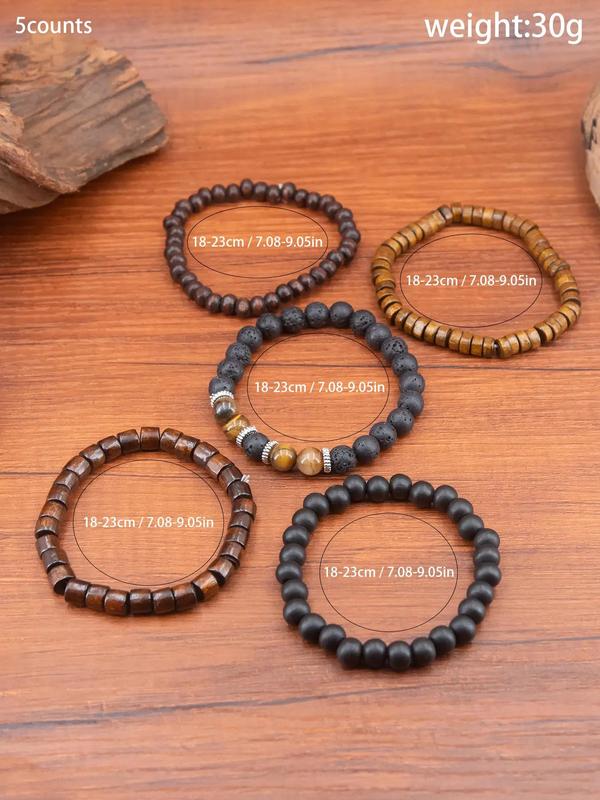 Simple Wooden Beaded Bracelets, 5pcs set Casual All-match Trendy Matching Bracelets, Friendship Bracelets & Couple Bracelets for Daily Wear, Casual Fashion Accessories for Women & Men