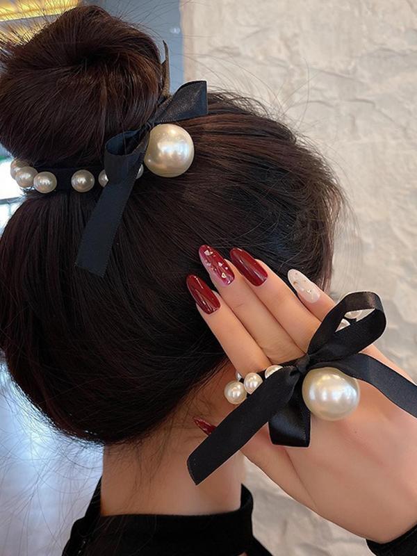 Faux Pearl Decorated Bow Decorated Hair Tie, Simple and Elegant High Stretch Ponytail Holder Hair Accessories for Women