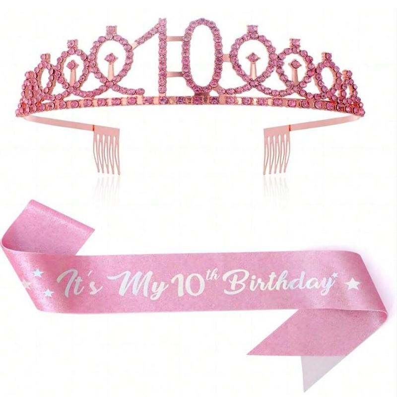 Birthday Crown & Sash Set, 2 Counts set Rhinestone Crown & Letter Print Sash, Birthday Party Favor for Women & Girls, Fashion Accessories for Party, Holiday