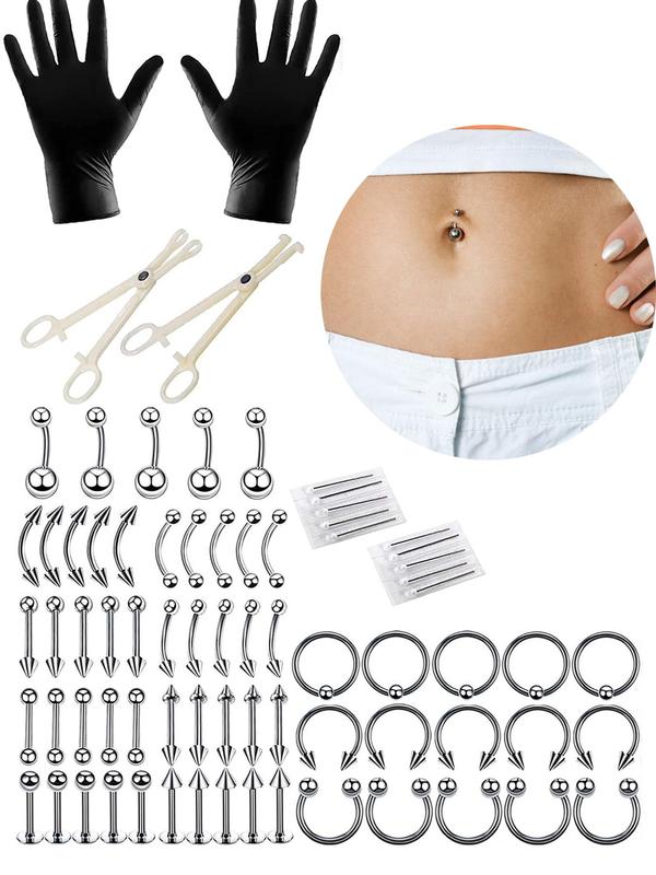 Unisex Punk Style Belly Rings & Studs, 1 Set Stainless Steel Belly Piercing Jewelry & Tools,  Belly Button Rings,  Casual Trendy Body Jewelry for Party & Back To School with Gloves & Needles & Clamps