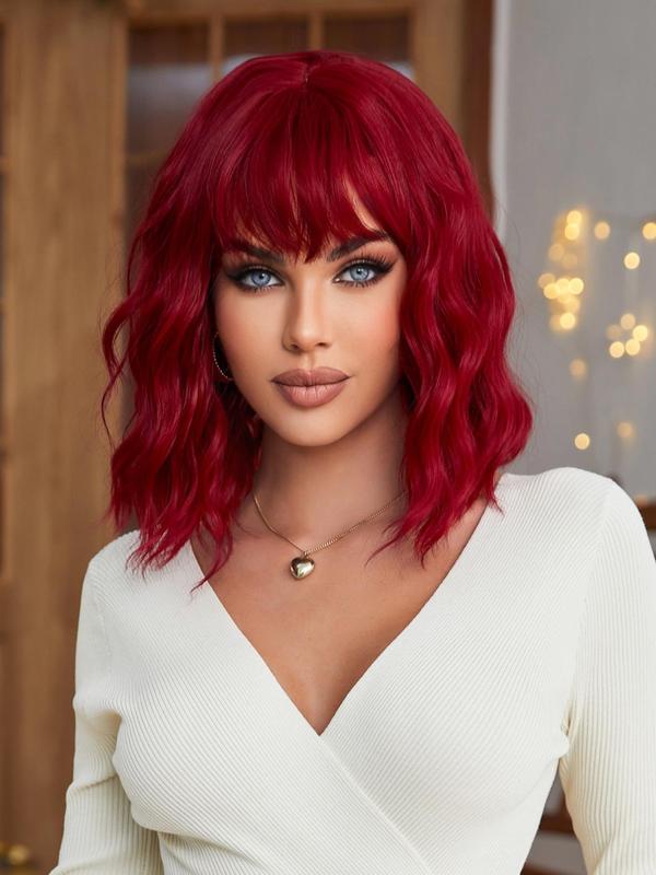 12 Inch Short Water Wavy Wig, Gorgeous Fluffy Wigs with Blunt Bangs, Glueless Wigs Ready To Wear, Natural Look Synthetic Full Machine Replacement Wigs for Party, Daily Use