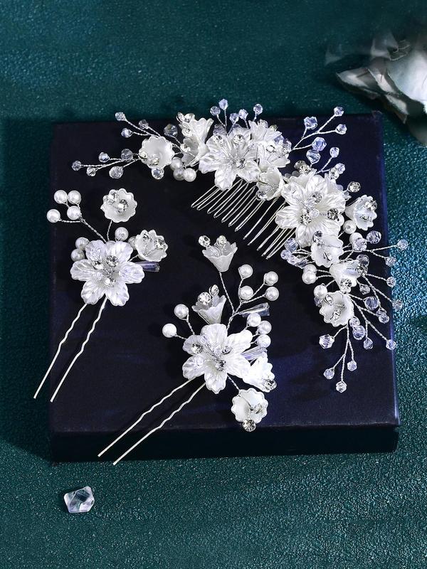 Faux Pearl Decorated Flower Design Hair Comb & Hair Pin, Elegant Bridal Headwear for Wedding Party Formal Occasions, Luxury Headwear Suitable for Bridal Hairstyle