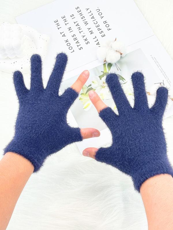 Solid Color Half Finger Gloves, Fashionable Warm Gloves for Fall & Winter, Casual Trendy Fuzzy Gloves for Men & Women