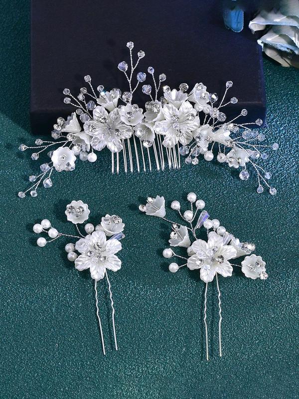 Faux Pearl Decorated Flower Design Hair Comb & Hair Pin, Elegant Bridal Headwear for Wedding Party Formal Occasions, Luxury Headwear Suitable for Bridal Hairstyle