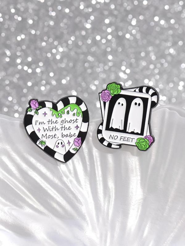 Cute Cartoon Ghost & Letters Print Heart Shaped Pins Brooch, Punk Creative Clothes Brooch, Fashion Brooch for Daily Clothing Decor, Trendy All-match & Exquisite Brooch for Birthday Gift