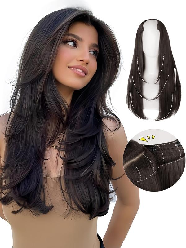 22 Inch Long Straight Clip-in Hair Extension, 4-clip Layered V-shaped Inner Buckle One-piece Seamless Invisible Hair Extensions, Natural Fluffy Synthetic Hair Extension Wigs