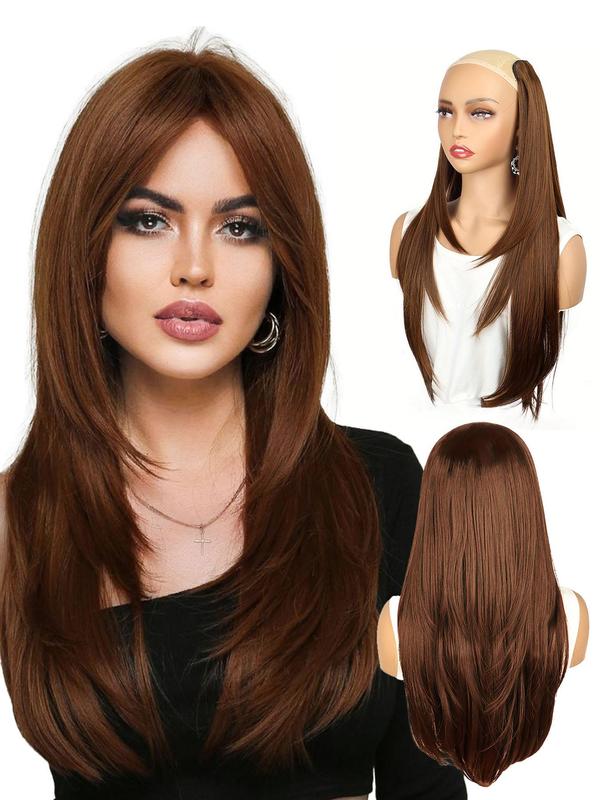 22 Inch Long Straight Clip-in Hair Extension, 4-clip Layered V-shaped Inner Buckle One-piece Seamless Invisible Hair Extensions, Natural Fluffy Synthetic Hair Extension Wigs