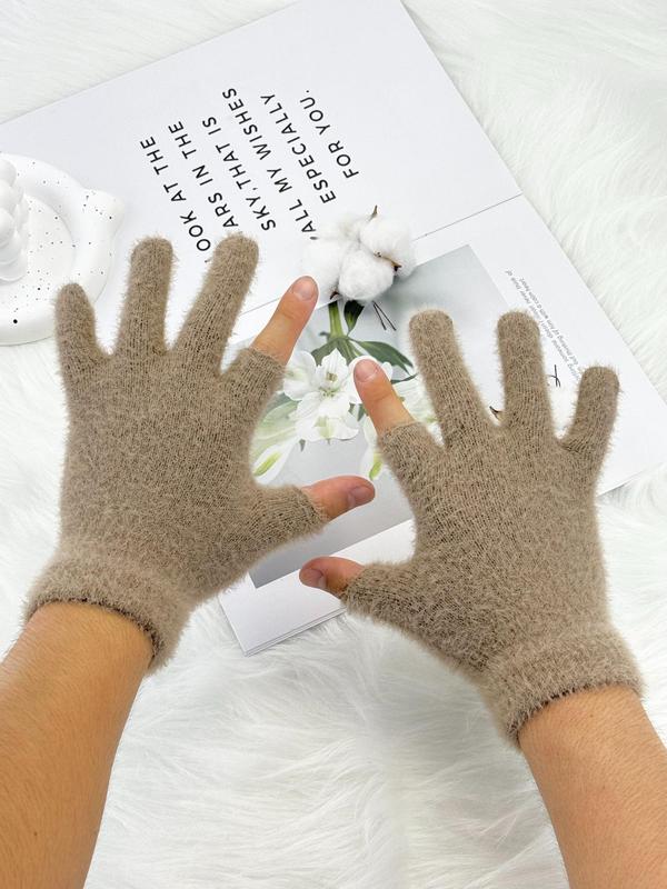 Solid Color Half Finger Gloves, Fashionable Warm Gloves for Fall & Winter, Casual Trendy Fuzzy Gloves for Men & Women