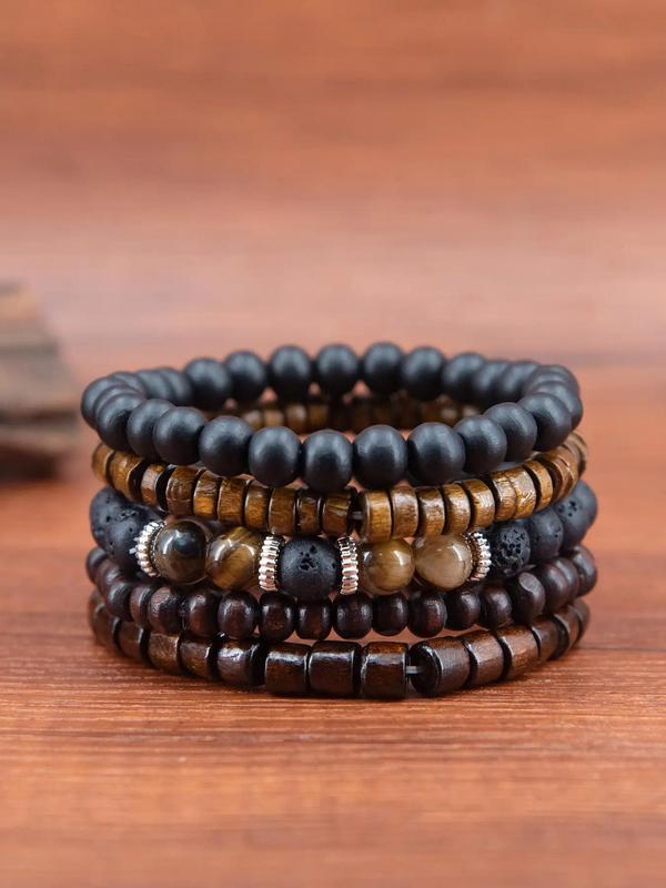 Simple Wooden Beaded Bracelets, 5pcs set Casual All-match Trendy Matching Bracelets, Friendship Bracelets & Couple Bracelets for Daily Wear, Casual Fashion Accessories for Women & Men