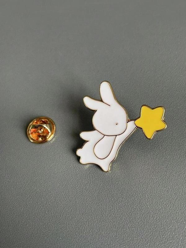 Cute Rabbit Design Brooch, Star Picking Enamel Oil Drop Accessory Buckle, Mini Collar Pin, Versatile Cartoon Alloy Brooch for Women & Men