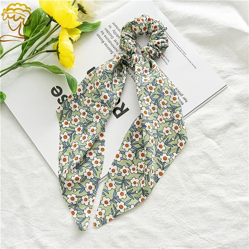 6 Pack Floral Hair Scarf Scrunchies bowknot floral hair ribbons ties Chiffon Scarf Scrunchies Bow Ties Hand Bands Elastic Ropes Long Tails Scrunchy With Bows